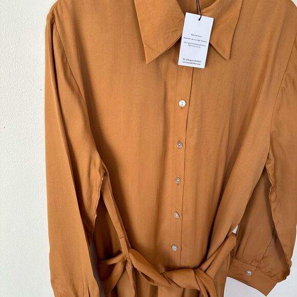 Aura Women’s Rust Camel Golden Fall Long Sleeve Button Down Shirt Maxi Dress - Picture 7 of 13